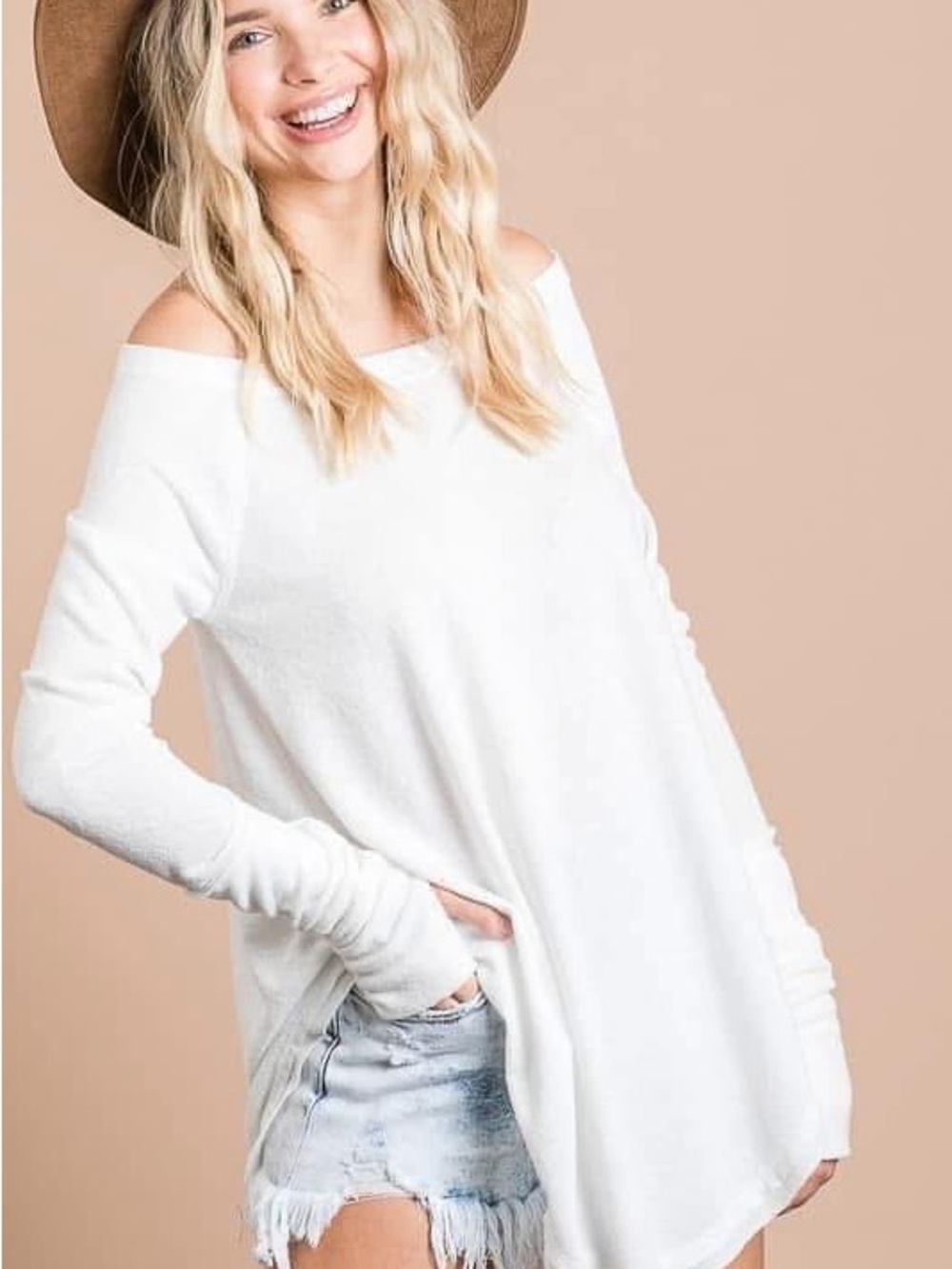 BUCKETLIST Off-Shoulder White Knit Sweater